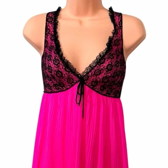 Vintage Hot Pink and Black Lace Nightgown or Slip Dress - Union Made! - Picture 9 of 9